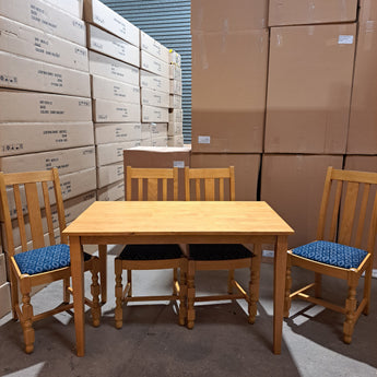 WAREHOUSE CLEARANCE: 1940 Dining In soft oak Upholstered in blue diamond with rectangle table set